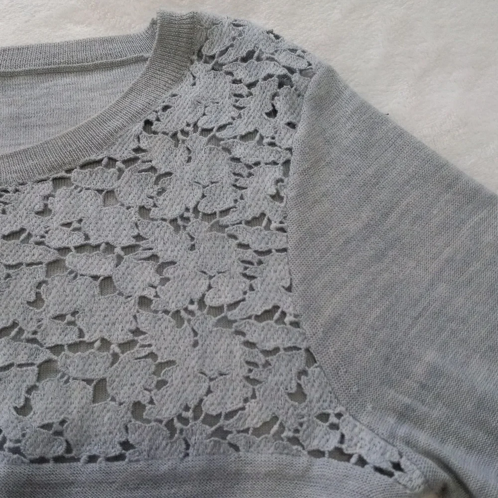 J. Crew Heather Grey Merino Wool Sweater with Floral Chest Cutouts